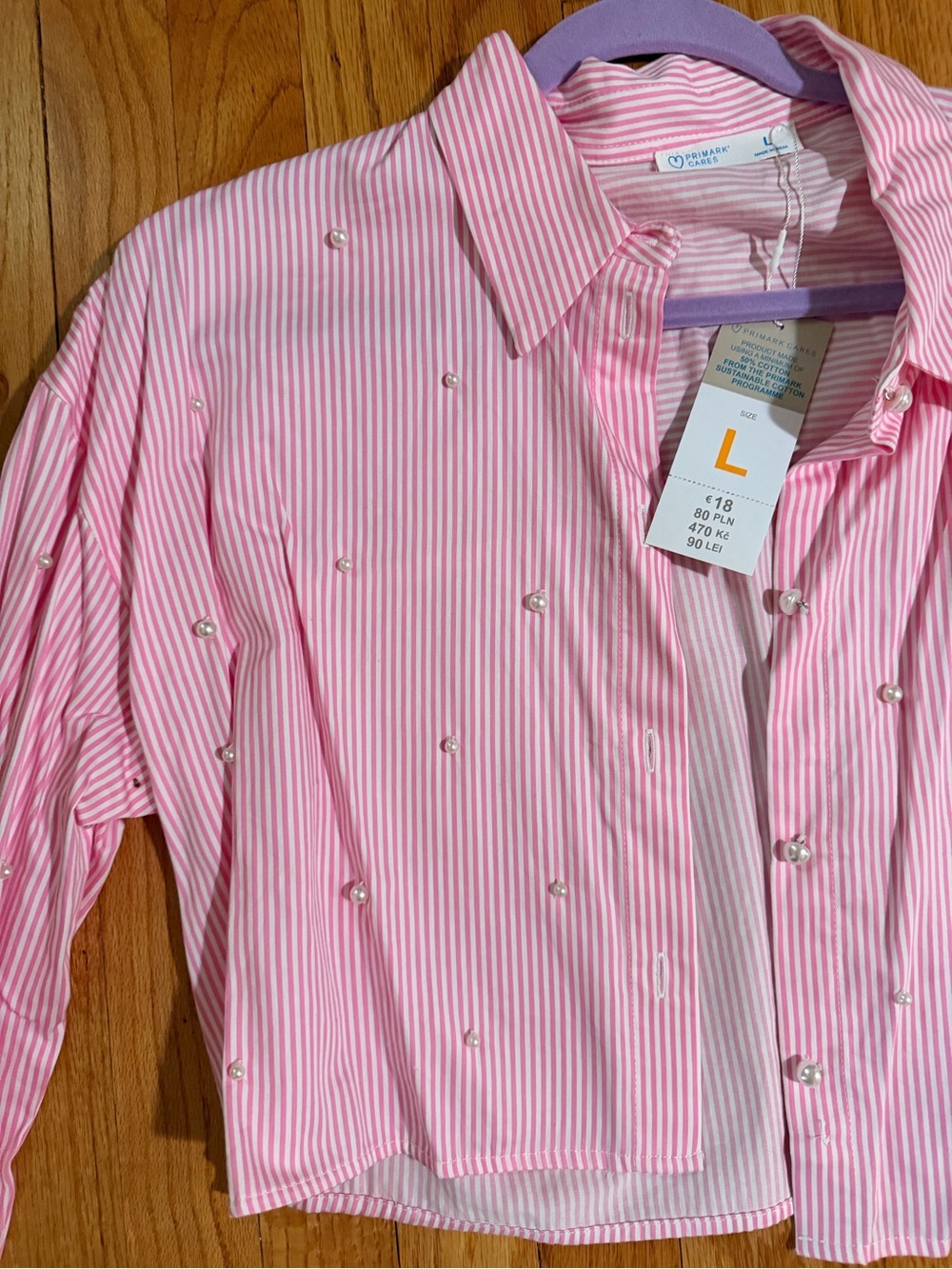 Primark Pink and White Striped Pearl-Embellished Shirt